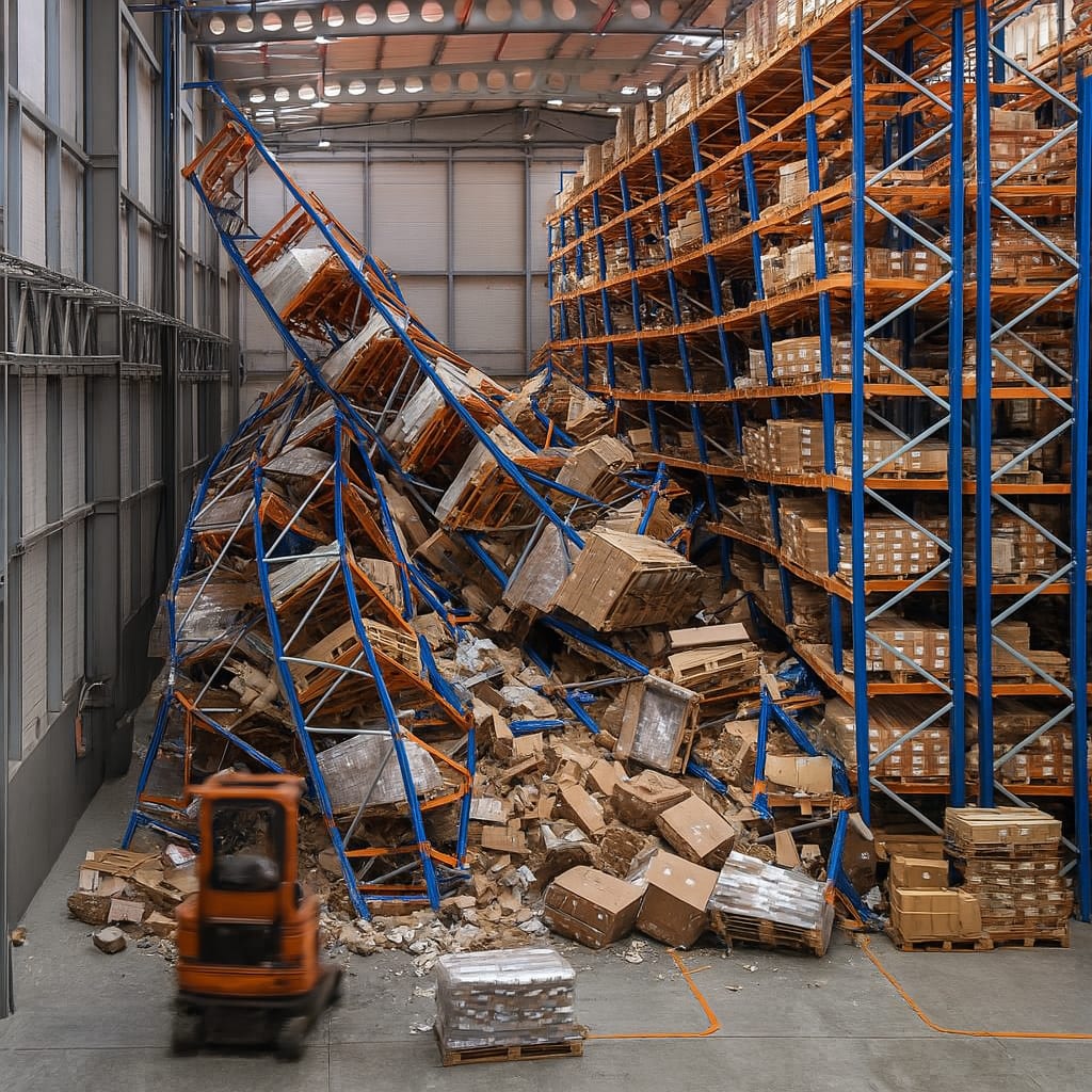 Forklift collision damage to warehouse racks